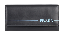 Prada Long Logo Wallet, Leather, Black/Blue, MII, P, 2*